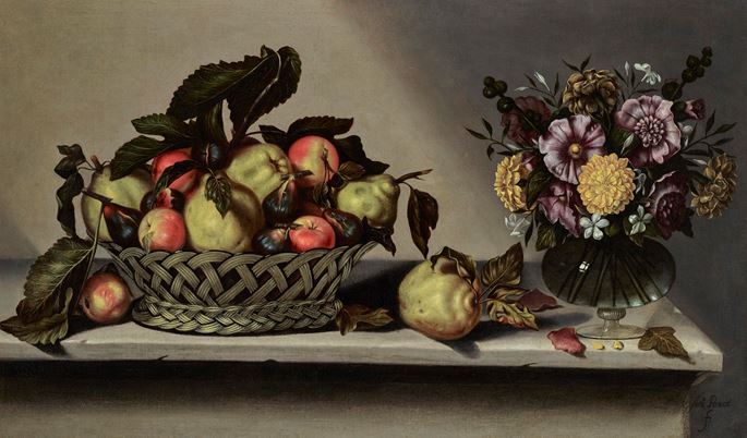 Antonio Ponce - A basket of apples and quinces and flowers in a glass vase on a stone ledge | MasterArt